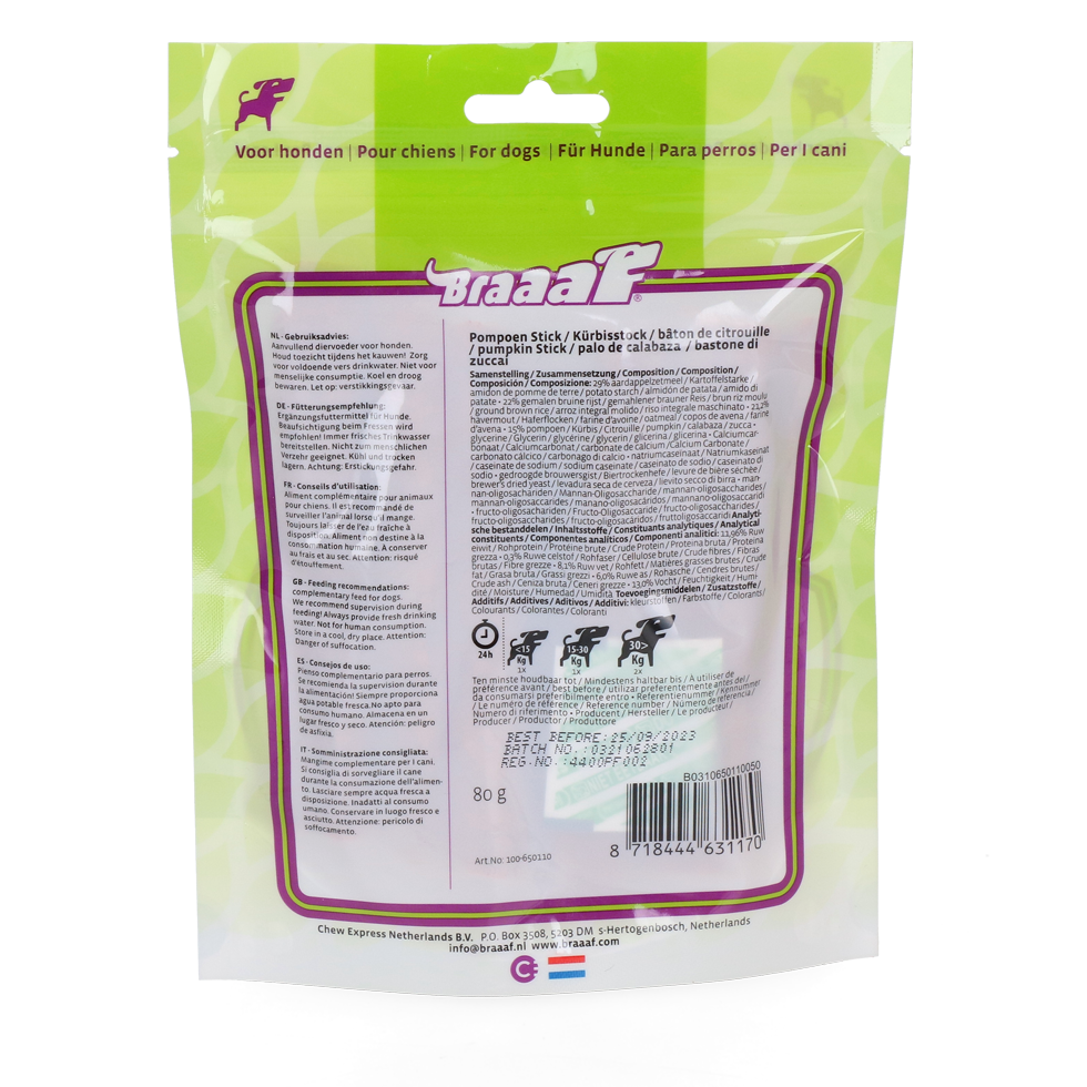 Braaaf Vegan Snack Pompoen Stick - 12 cm 2026 Braaaf Vegan Snack Pompoen Stick - 12 cm - Afbeelding 2