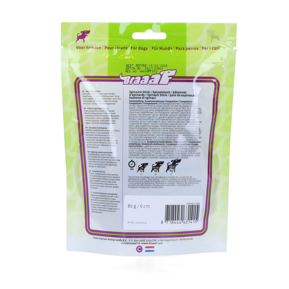 Braaaf Vegan Snack Spinazie Stick - 6 cm 2026 Braaaf Vegan Snack Spinazie Stick - 6 cm - Afbeelding 2