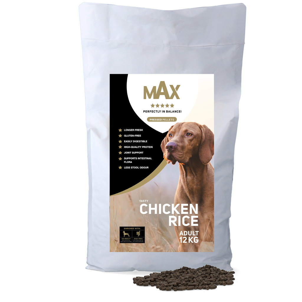 Max Adult Geperste Brokken Kip & Rijst 12 kg 2026 Max Adult Geperste Brokken Kip & Rijst 12 kg